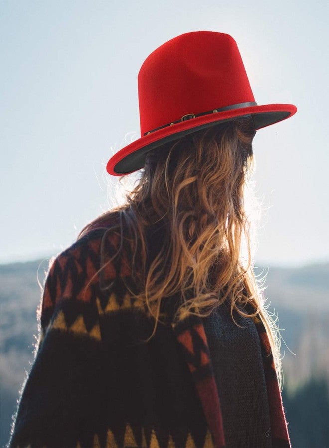 Gossifan Womens Wide Brim Panama Hat Patchwork Colors Classic Buckle Fedora Red/Black - Image 5